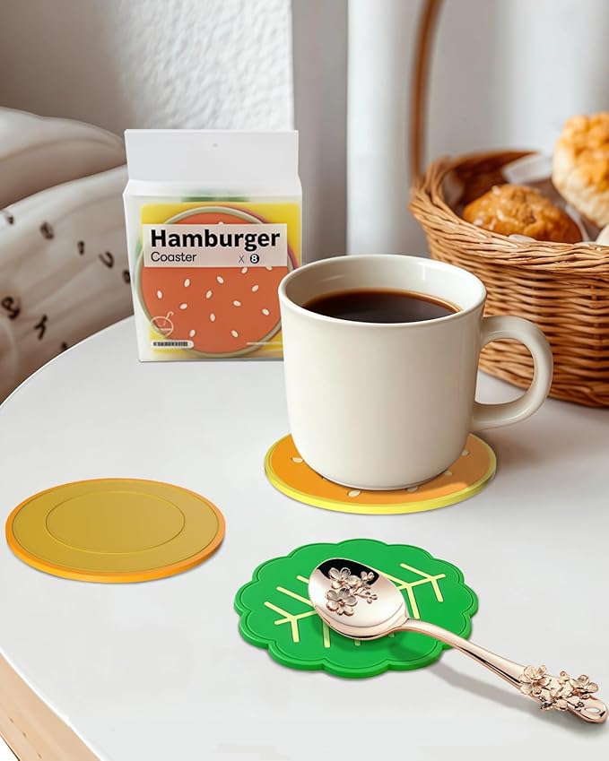 WOCOCN Cute Hamburger Coasters for Drinks, Funny Non-Slip Silicone Coasters Set of 8,Waterproof, Heat-Proof, Elastic,Tabletop Protection, Creative Decor for Kitchen, Dinner Desk and Office Desk A