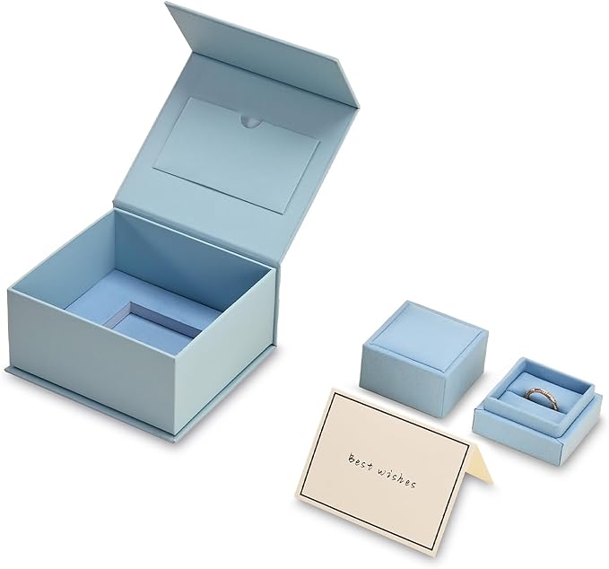 Oirlv Ring Gift Box with Lid Magnetic Boxes for Wedding Proposal Gift Birthday Present with Card(Blue)
