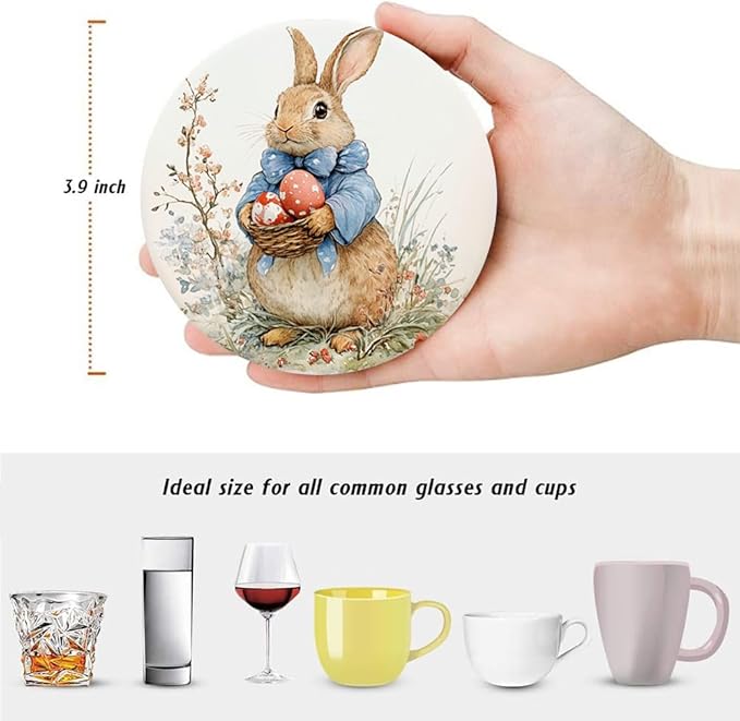 Drink Coasters for Drinks Set of 6, Vintage Easter Cute Rabbit and Eggs Absorbent Round Ceramic Stone Mat Coaster, with Cork Base and Metal Holder, Home Bar Decor House Warming Gift