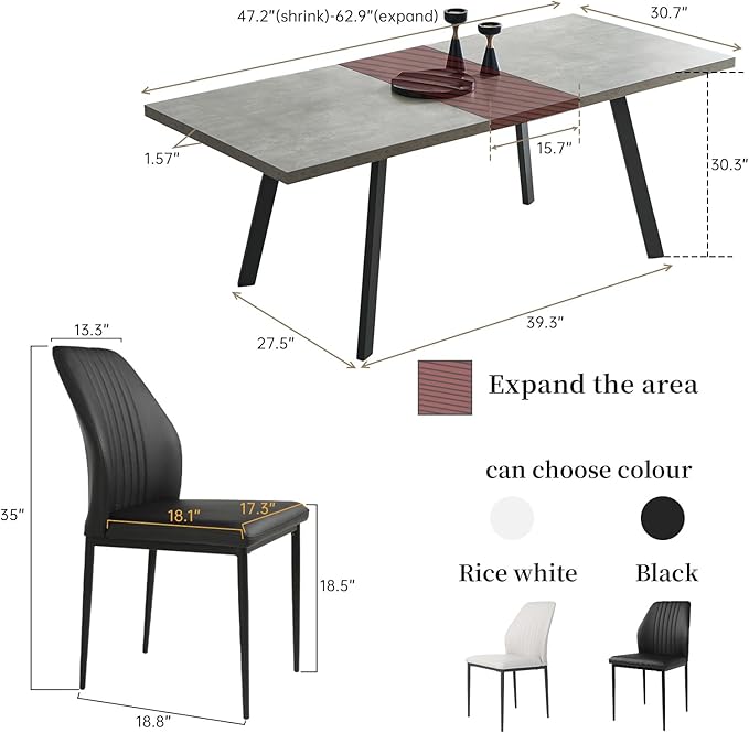 47.2"- 62.9" Extendable Dining Table Set for 6, Modern Kitchen Table with Dining Chairs for 4-6 Person, Thickened Expandable MDF Wooden Table with Metal Legs for Dining Room, Kitchen