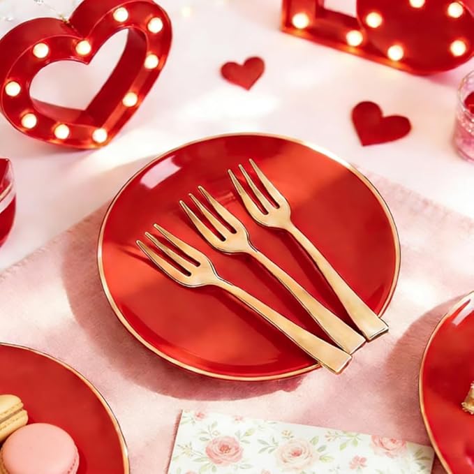 Festiva 200Pcs Red Gold Dessert Plates 6.3" with Plastic Forks 5"-Small Disposable Plates- Dessert/Cake/Appetizer Plastic Plates include 100Plates 100Forks for Birthday Party&Valentine's Day