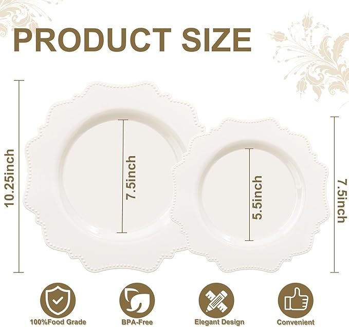 COLOSUS 60pcs Ivory Plastic Plates -Elegant Plastic Plates,Heavy Duty Cream Disposable Plates for Party Include 30 pcs Dinner Plate and 30 pcs Dessert Plate for Wedding/birthday/baby shower