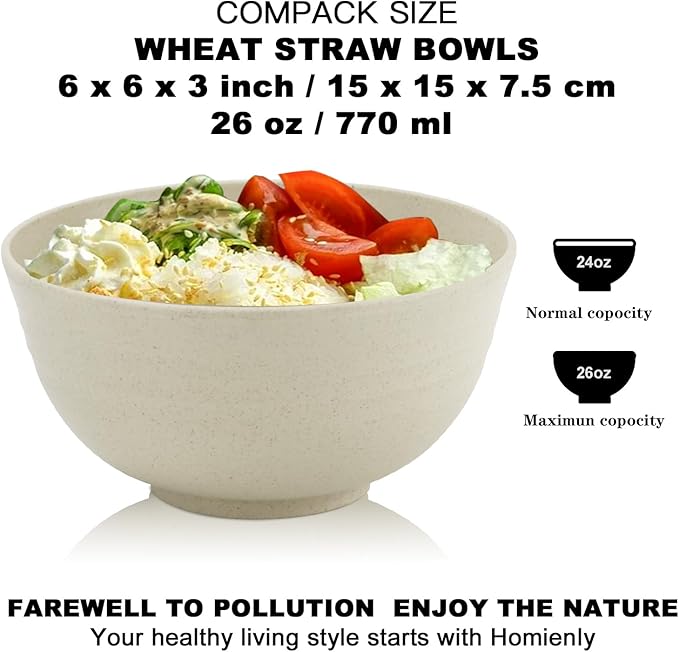 Homienly Unbreakable Cereal Bowls, Unbreakable Plastic Bowls Alternatives Set of 8, Wheat Straw Bowl for Kitchen,Camping, RV, Party, Microwave Safe Bowl Set for Cereal, Soup, Salad (Beige, 26 OZ)
