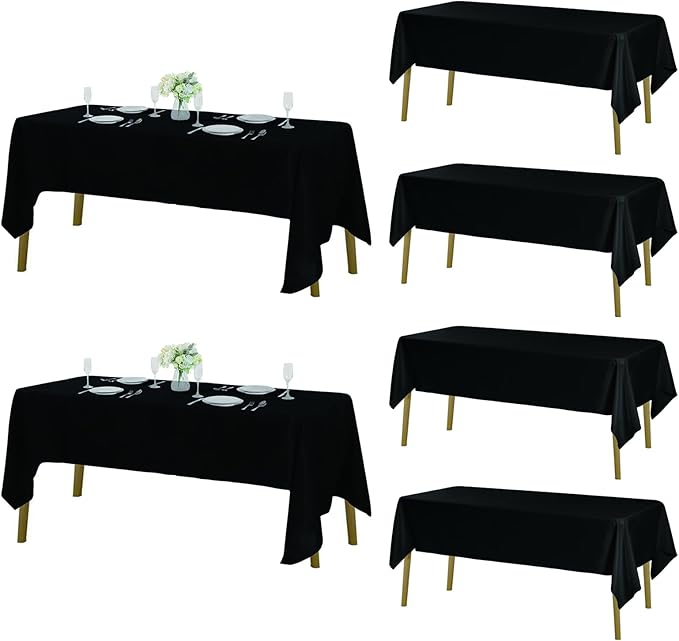 Fokitut 6 Pack Rectangle Tablecloth, 60x102 Inch, Stain Resistant and Wrinkle Polyester Table Cloth, Fabric Table Cover for Kitchen Dining, Wedding, Party, Holiday Dinner-Black
