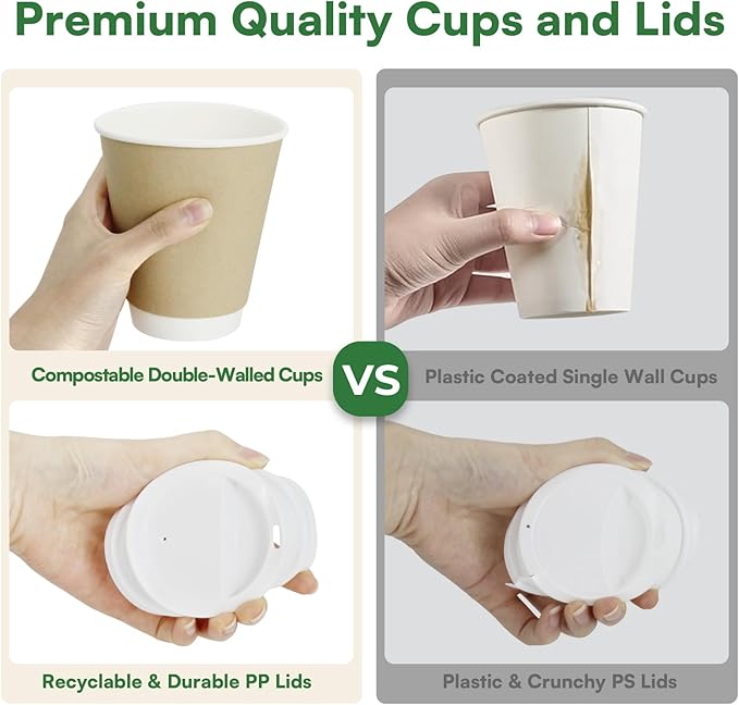 Paper Coffee Cups with Lids 12 oz Compostable Hot Cups,50 Pack Insulated Paper Cups with Lids, BPI Certified Natural Kraft To Go Coffee Cups Disposable for Office Coffee Bar Supplies Togo Travel Home