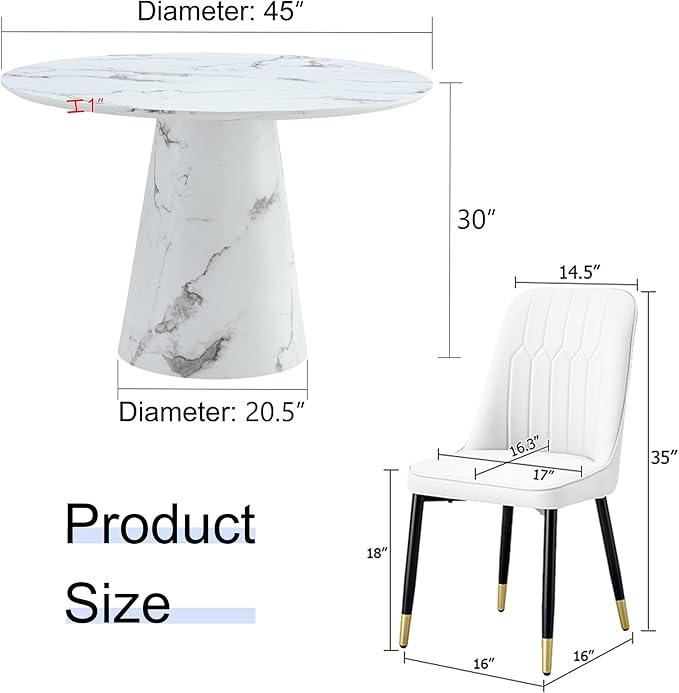 Round Dining Table Set for 4, 45" Modern Faux Marble Kitchen Table and Upholstered Chairs, 5 Piece Small Circle Dinette Set for Dining Room, Kitchen (White)