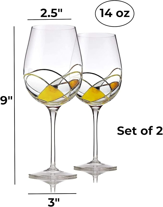 Bezrat Wine Glasses Hand Painted - Set of 2 - Women Wine Gift - Wine Lover Glass - Beautiful Glassware Gifts Ideas for Women Inspired by 'Duomo di Milano' Mothers Day - 14 oz (Gold)