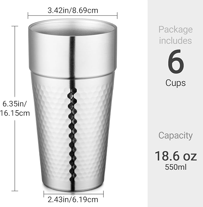Beasea Stainless Steel Cups 19 oz, 6 Pack Large 18.6oz 550ml Stainless Steel Tumbler Stackable Double Wall Insulated Metal Drinking Glasses for Home Restaurant Office Party Camping