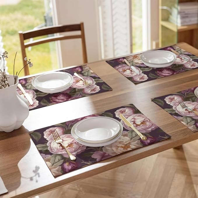 12"x18" Purple Pink White Peony Flowers Placemats Set of 4 Washable Thick Place Mats Kitchen Table Mats Decorative Linen Fabric Table Mat for Dining Table Kitchen Home Decor