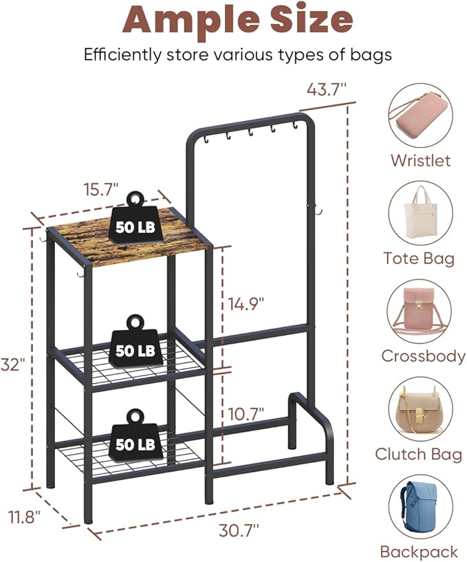Floor-Standing 3-Tier Purse Organizer, High-Capacity Bag Holder with 8 Hooks, Multi-Functional Purse Rack for Various Bags, Handbag Display Stand Shelf for Closet, Bedroom, Entryway, Black