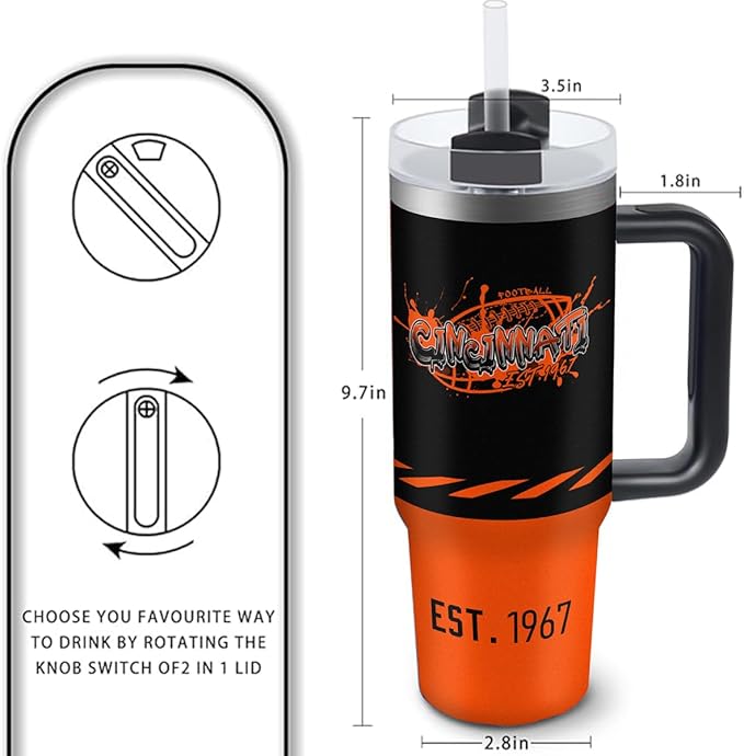 Cincinnati 30 oz Tumbler with Handle and Straw,Car cup,Coffee Mug,100% Leakproof Insulated Tumbler with Lid and Straw,Made of Stainless Steel,Cup Holder Friendly Base,Classic Collection Gifts for Fans