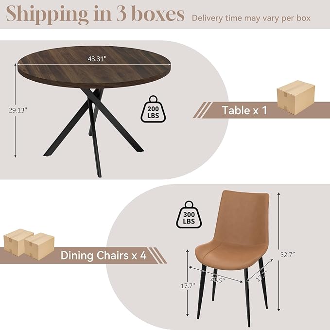 44" Round Dining Table with Chair Set for 4, Modern Mid-Century Dining Table Set of 4, Cozy Dinette Sets with Metal Leg for Kitchen Dining Room Apartment(Walnut Table + Brown Chairs)