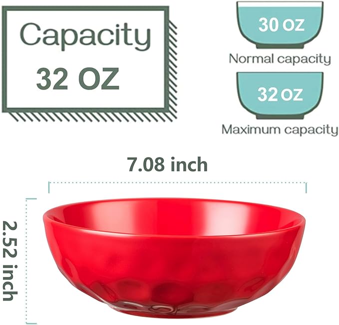 vicrays Ceramic Salad Bowls Set for Kitchen, Serving - 32 Ounce Soup Bowls, Pasta Bowls, Chip Resistant, Dishwasher Microwave Safe, Large, Fluted, stoneware, Set of 6 Red