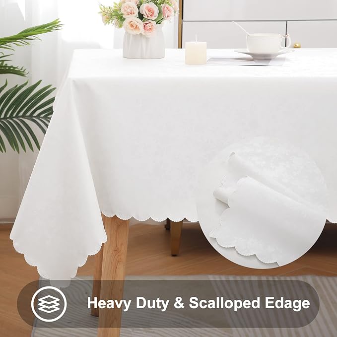 Smiry Rectangle Table Cloth, Waterproof Heavy Duty Vinyl Tablecloths, Wipeable Washable Table Cover for Kitchen and Dining Room (White, 60" X 102")