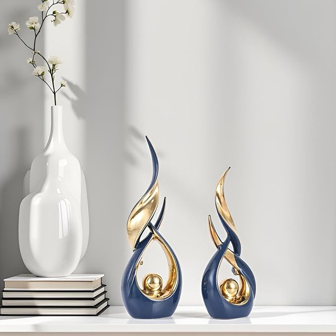 XMGZQ Gold Ceramic Abstract 2 Piece Statue Set,Mid Century Modern Abstract Art Home Decor Statue Mantelpiece on Unique Shelf Decor, TV Cabinet Divider Table top and Dining Table Centerpiece (Blue)