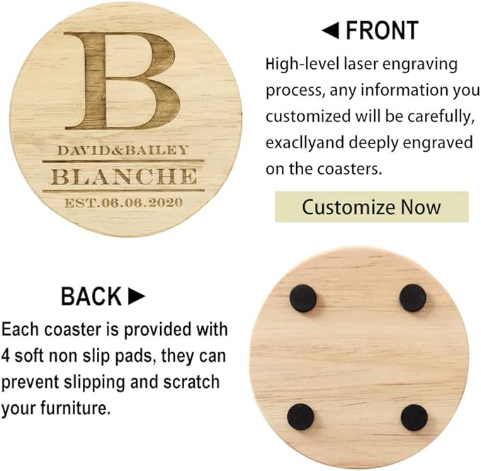 Personalized Wooden Coasters for Drinks - Custom Engraved, Monogram, Great Gifts for Relatives, Friends or Yourself (B, Set of 4)