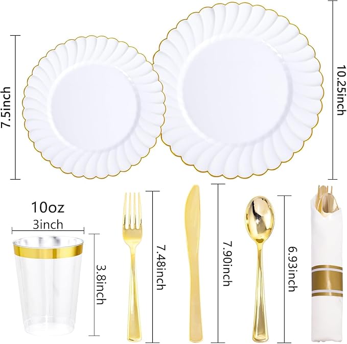 YOUBET 350PCS Gold Scalloped Plastic Plates - White and Gold Disposable Dinnerware Set Include 100 Plates, 150 Gold Silverware, 50 Cups, 50 Napkins for Wedding Party