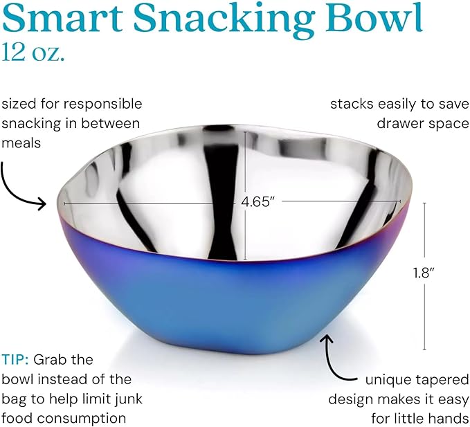 Ahimsa Stainless Steel Kids Bowl, Durable Pediatrician Designed Toddler Snack Bowls, 12oz, Premium Non Toxic Metal, Easy to Clean & Dishwasher Safe, Blue