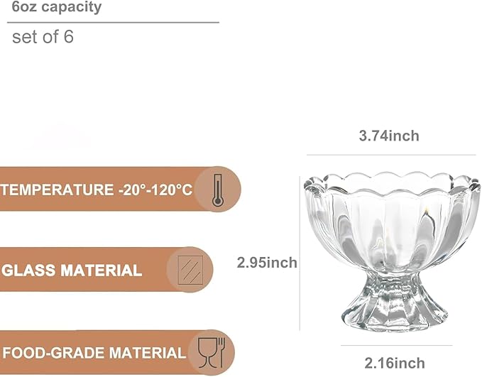 Iced Cream Dessert Bowl，Set of 6，6oz Vintage Glass ware with Heavy Base, Drinking Cup for Sundae, Fruit, Ice Cream, Snack, Condiment (6)
