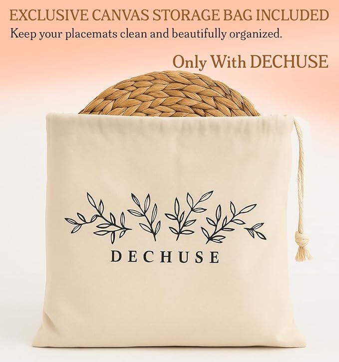 Round Woven Placemats Set of 6 (15 Inch) with Canvas Bag – Handwoven Water Hyacinth Table Mats, Boho Farmhouse Dining Decor, Heat Resistant Wicker Chargers by DECHUSE