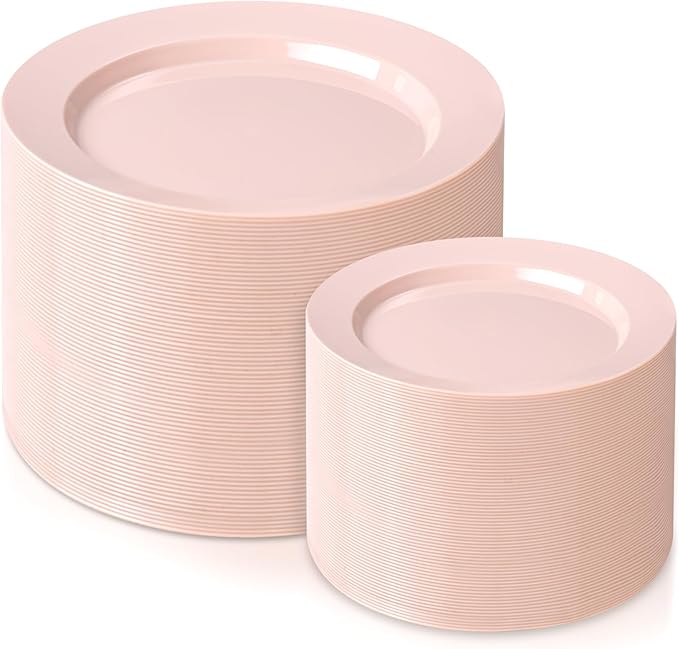 FLOWERCAT 200PCS Pink Plastic Plates Disposable Plates for Party - Heavy Duty Plastic Plates - 100 10" Pink Dinner Plates and 100 7" Pink Salad Plates for Weddings, Easter Parties,Mother's Day