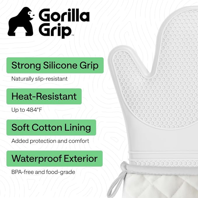 GORILLA GRIP BPA-Free Soft Silicone Oven Mitts, Heat Resistant and Waterproof Cooking Gloves, Thick Cotton Lining, Flexible Gripping for Baking Grilling, Kitchen Potholders Set of 2, 12.5x8.3, White