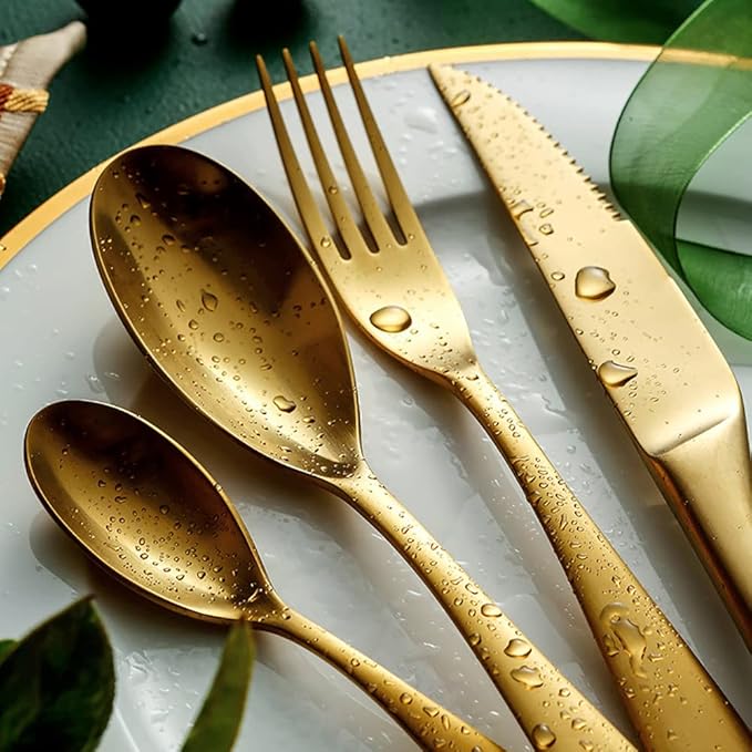 8 Piece Gold Silverware Set for 2,Modern Unique 18/10 Stainless Steel Flatware Cutlery Set, Eating Tableware Set,Vintage Luxury Style Cutlery Set for Home Restaurant Wedding Party