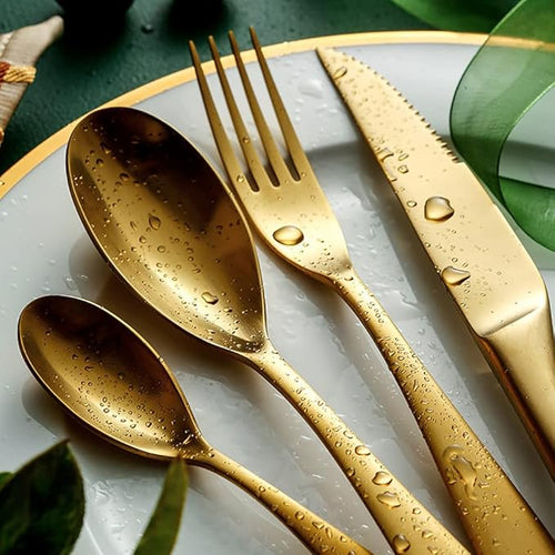 24 Piece Gold Silverware Set for 6,Modern Unique 18/10 Stainless Steel Flatware Cutlery Set, Eating Tableware Set,Vintage Luxury Style Cutlery Set for Home Restaurant Wedding Party