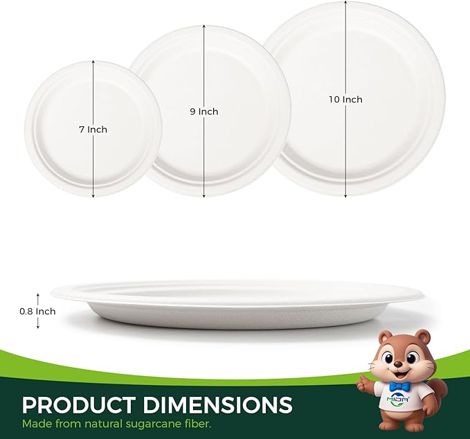 100% Compostable Plates - 125-Count Heavy Duty Disposable 10-Inch Plates Made of Bagasse - Eco-Friendly and Sustainable