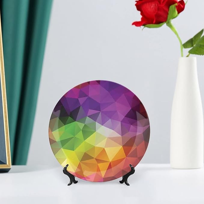 Ceramic Plates, Abstract Decor Decorative Ceramic Plates, Colorful Abstract Geometric Triangular Polygons Creative, 10 Inch, Household Plates Decorative, Multy