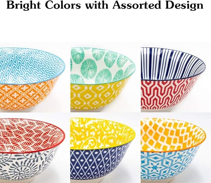 KitchenTour Ceramic Bowls Set - 10 oz Serving Bowls For Kitchen - Cereal, Ice Cream, Soup, Salad, Rice, Dessert Ceramic Bowls - Assorted Colorful Set of 6 - Microwave Dishwasher Safe - 5 Inch