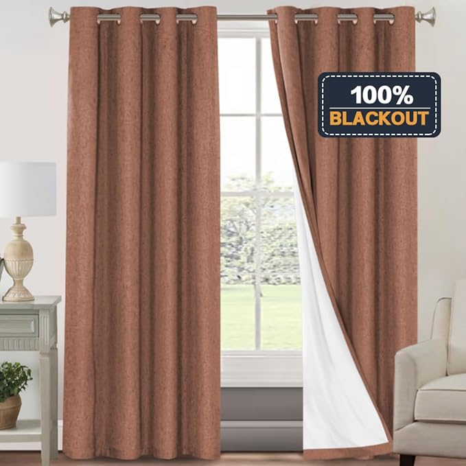 PrinceDeco Linen 100% Blackout Curtains 84 Inches Length 2 Panels Set Grommet Linen Textured Curtains for Bedroom Soundproof Window Treatment Drapes with White Liner, 42" Wide Per Panel, Washed Spice