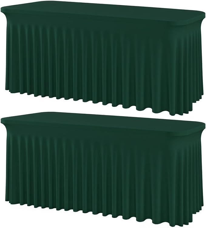 2 Pack Dark Green 6FT Rectangle Spandex Tablecloths, Stretch Fitted Table Covers for 6 Foot Tables, Wrinkle Free Table Clothes for Christmas Party Holiday Wedding Banquet Dinner Decoration