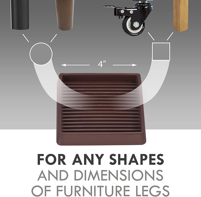 4X4 Rubber Caster Cups, Non Slip Furniture Pads, Anti-Slip Gripper, Anti Skid Furniture Feet, Anti Slide Floor Protector for Bed Couch Stoppers (Brown, 4 Pack)