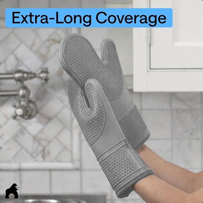 GORILLA GRIP BPA-Free Soft Silicone Oven Mitts, 14.5x8.3, Heat Resistant and Waterproof Cooking Gloves, Thick Cotton Lining, Flexible Gripping for Baking Grilling, Kitchen Potholders Set of 2, Gray