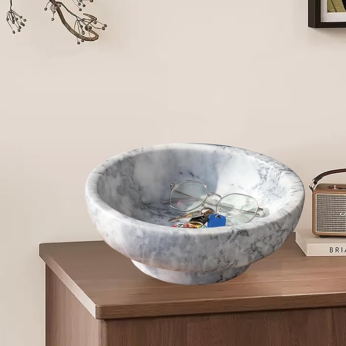 Natural Marble Fruit Bowl for Kitchen Counter, 10.2" Large Luxury Home Decorative Bowl, Modern Pedestal Key Organizer Bowl, 10 lb Heavy Solid Marble Decor for Centerpiece Entryway & Coffee Table