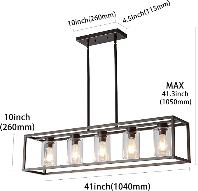 XILICON Oil Rubbed Bronze Farmhouse Chandelier Dining Room Lighting Fixture Hanging 5 Light Kitchen Island Lighting with Glass Shade for Dining Room