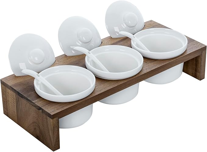 MyGift 10 Piece Condiment Pot Serving Set Includes Premium Acacia Solid Wood Raised Display Server Tray and 3 Ceramic Ramekin Dip Bowls with Lids and Spoons