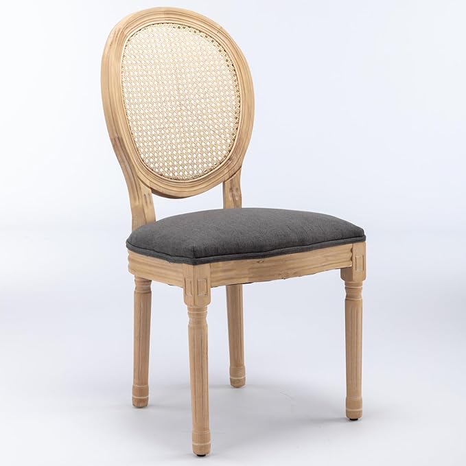 Ball & Cast French Vintage Upholstered Dining Chairs Set of 2, Antique Painting Wooden Kitchen Side-Chairs with Rattan Back & Carved Solid Wood Frame, 2-Piece Curved Backrest Louis Chair, Gray