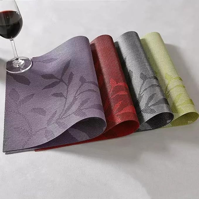 Leaf Placemats Set of 4 Non-Slip Heat-Resistant Vinyl Washable Place Mats for Kitchen Table Indoor Outdoor Durable (18"x12", Green)