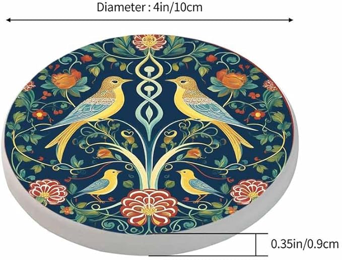Vintage Flowers and Birds Cup Coasters Set of 2 Colorful Symmetry Pattern Tribal Floral Foliage Paisley Wooden Table Apartment Decor 100% Diatomite for Drinking Glasses,4 Inches