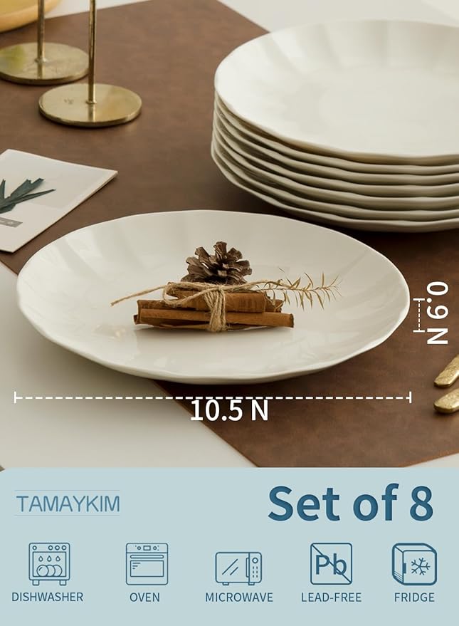 TAMAYKIM 10.5 Inch Porcelain White Dinner Plates Set of 8, Shallow Coupe Round Plates with Petal Edge for Pasta Salad, Steak Serving Dinnerware - Scratch Resistant, Microwave, Oven & Dishwasher Safe