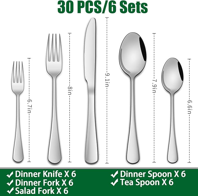 30 Pcs Silverware Sets, Premium Stainless Steel Flatware Sets Service For 6, Mirror Polished Tableware Cutlery Set For Home Kitchen,Restaurant,Hotel Knife Spoon And Forks Sets
