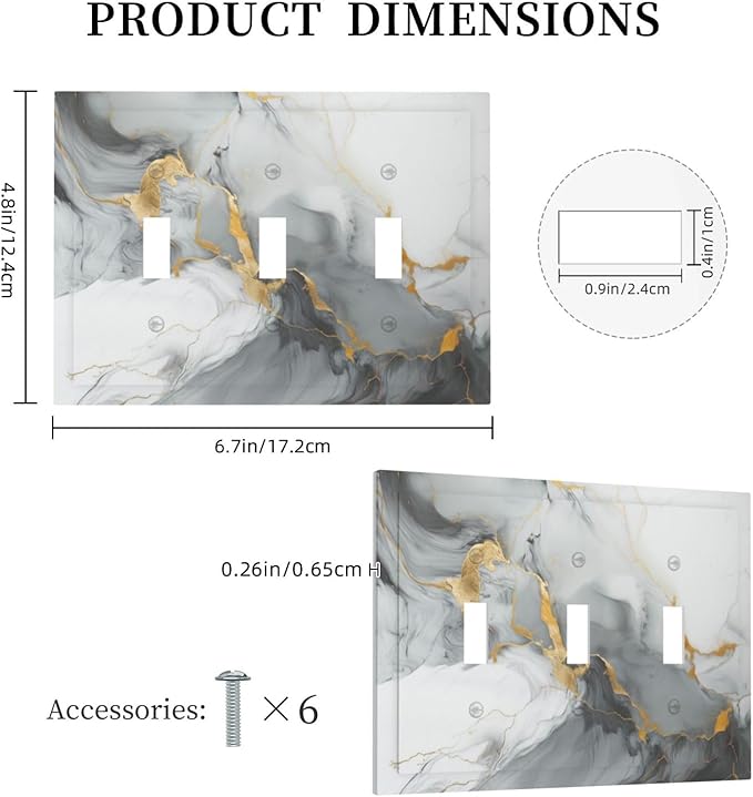 Light Switch Cover Gray/Gold Marble Abstract Modern Luxury 3 Gang Wall Plate Triple Light Switch Plate Toggle Decorative Outlet Covers Electrical Switchplate for Bathroom Bedroom Decor