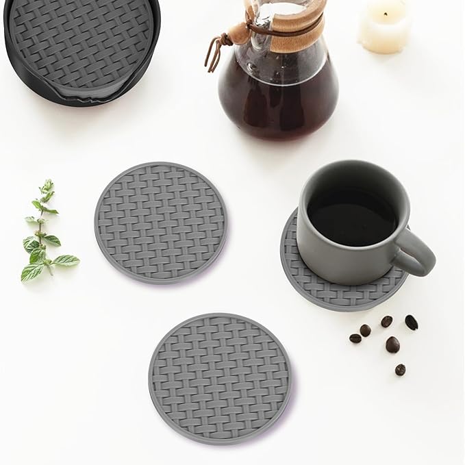 Gray Silicone Coasters with Holder, 4 Inches Non-Slip Heat Resistant Cup Mats, Decorative Waterproof Round Coaster Set of 6 for Home, Kitchen, Office, Bar, Coffee Table