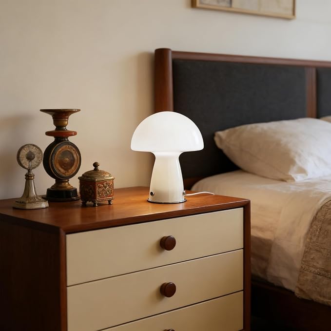 White Small Mushroom Lamp,3000K Warm Ambient Lighting Bedroom,Small Bauhaus Lamps for Nightstand,Mid Century Modern Table Lamp for Living Room Study Room Office