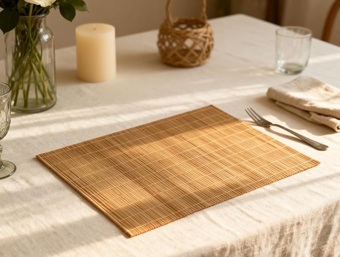 4-Pack Bamboo Placemats,Woven Heat-Resistant Rectangular Table Mats,Natural Dining Place Mats,Rustic Japanese Style Wood Mats for Indoor Dining,Kitchen and Party Use, Coffee