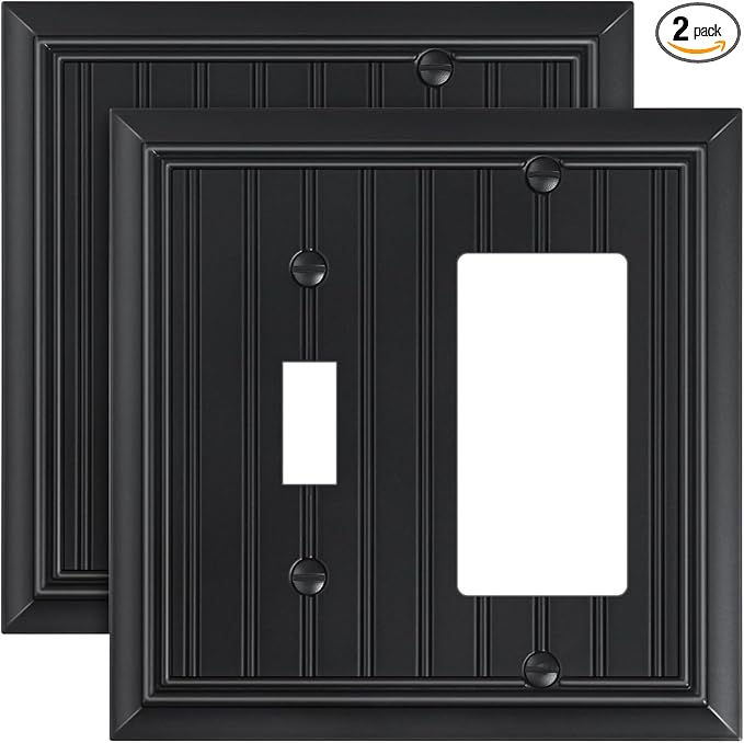 2-Pack Classic Beadboard Combo Toggle/Decorator Light Switch Cover Plate, Matte Black Decorative Electrical Outlet Covers, Durable Natural Bamboo Fiber Switch Plates and Outlet Covers