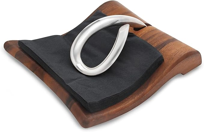 nambe Breeze Napkin Holder | Tabletop Napkin Tray for Parties, Weddings, and Events | Made of Acacia Wood and Stainless Steel | Measures at 9" x 7.5" x 3" | Designed by Neil Cohen