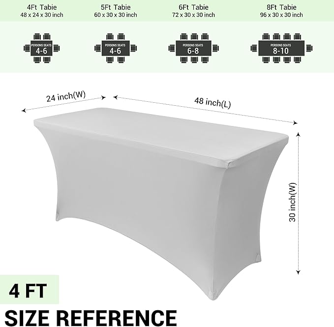 Obstal 4Ft Stretch Spandex Table Cover for Standard Folding Tables - 2 Pack Universal Rectangular Fitted Tablecloth for Party, Banquet, Events, Trade Show (Silver, 48L x 24W x 30H Inches)